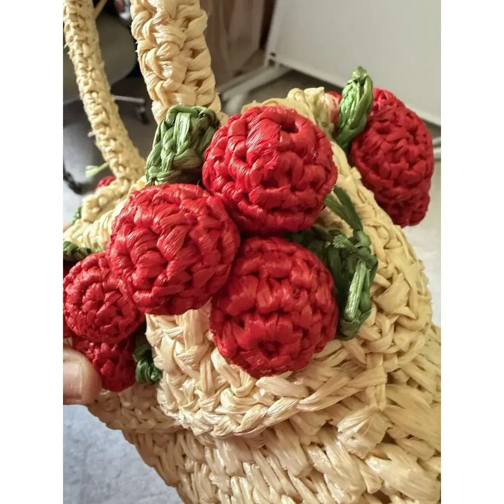 Vintage Ritter Bag Raffia Straw Purse Red Berry Appliqué Handbag Japan 10x7